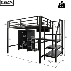 Lit Mezzanine 140X200Cm Armoire Bureau Noir><noscript><img width=
