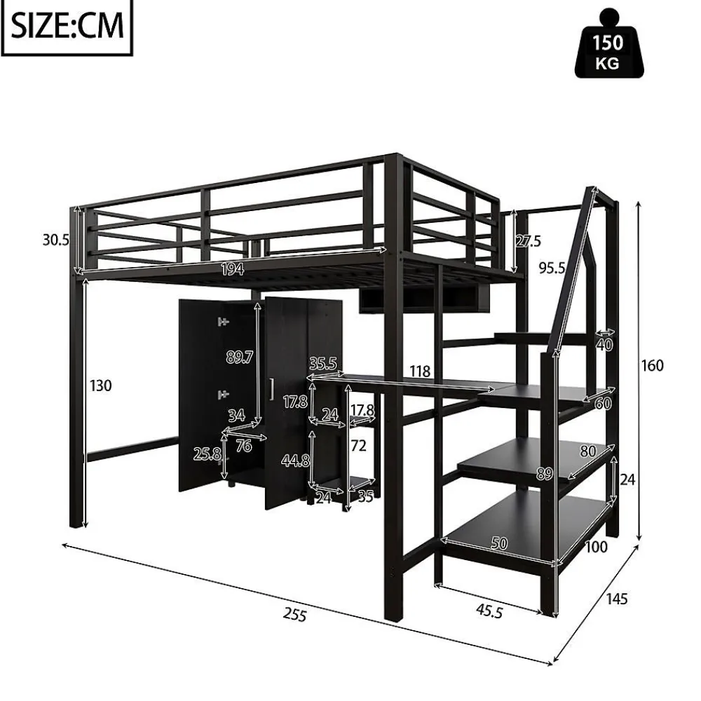 Lit Mezzanine 140X200Cm Armoire Bureau Noir>Blackcolors New