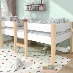 Lit mezzanine 90x200cm avec barrières de sécurité - en bois de pin massif - Blanc>ModernLuxe Online