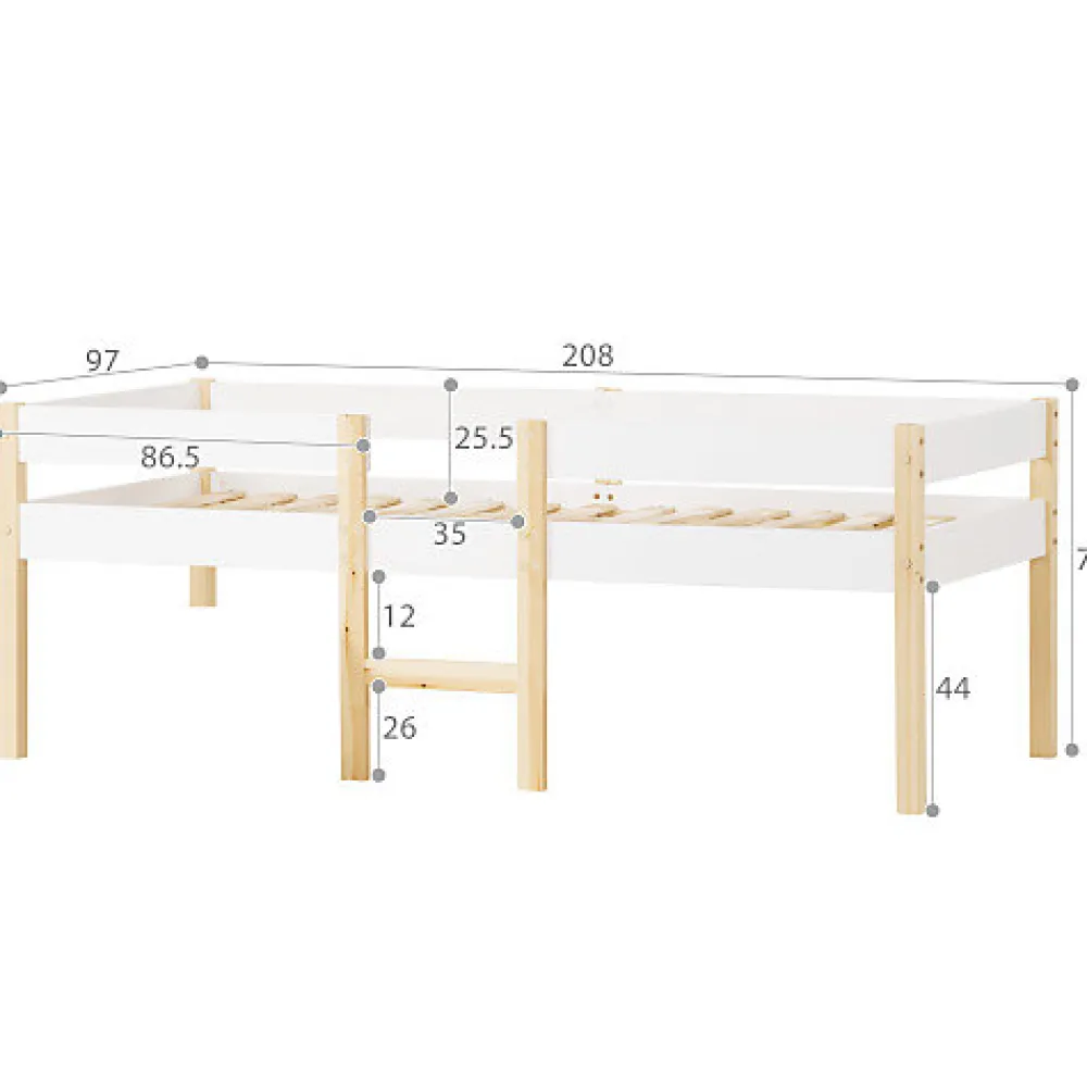 Lit mezzanine 90x200cm avec barrières de sécurité - en bois de pin massif - Blanc>ModernLuxe Online