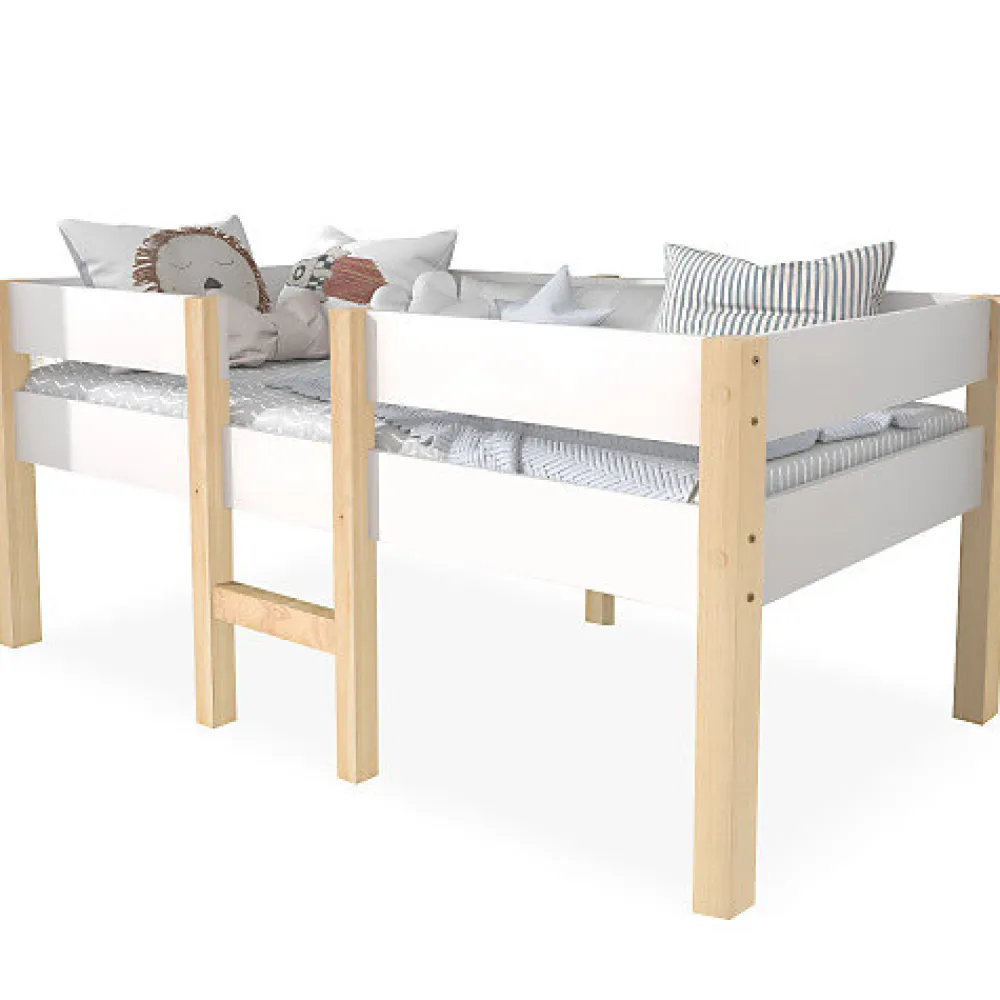 Lit mezzanine 90x190cm avec barrières de sécurité - en bois de pin massif - Blanc>ModernLuxe Clearance