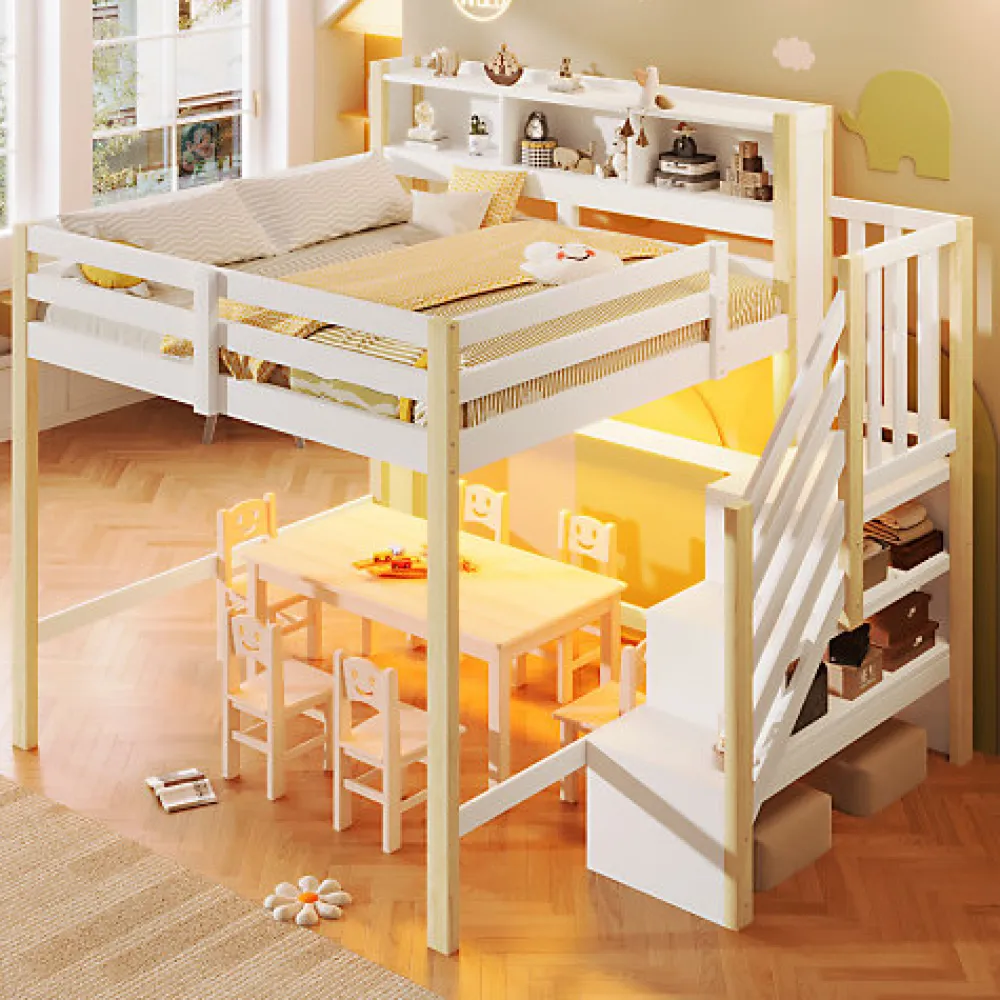 Lit mezzanine 140x200cm avec LED - avec échelle de rangement - compartiments de rangement - Blanc + Naturel (sans matelas)>ModernLuxe Clearance