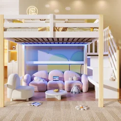 Lit mezzanine 140x200cm avec LED - avec échelle de rangement - compartiments de rangement - Blanc + Naturel (sans matelas)>ModernLuxe Clearance