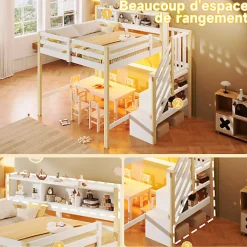 Lit mezzanine 140x200cm avec LED - avec échelle de rangement - compartiments de rangement - Blanc + Naturel (sans matelas)><noscript><img width=