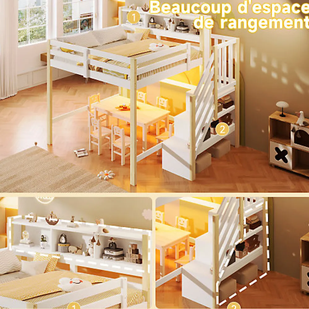 Lit mezzanine 140x200cm avec LED - avec échelle de rangement - compartiments de rangement - Blanc + Naturel (sans matelas)>ModernLuxe Clearance