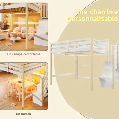 Lit mezzanine 140x200cm avec LED - avec échelle de rangement - compartiments de rangement - Blanc + Naturel (sans matelas)><noscript><img width=