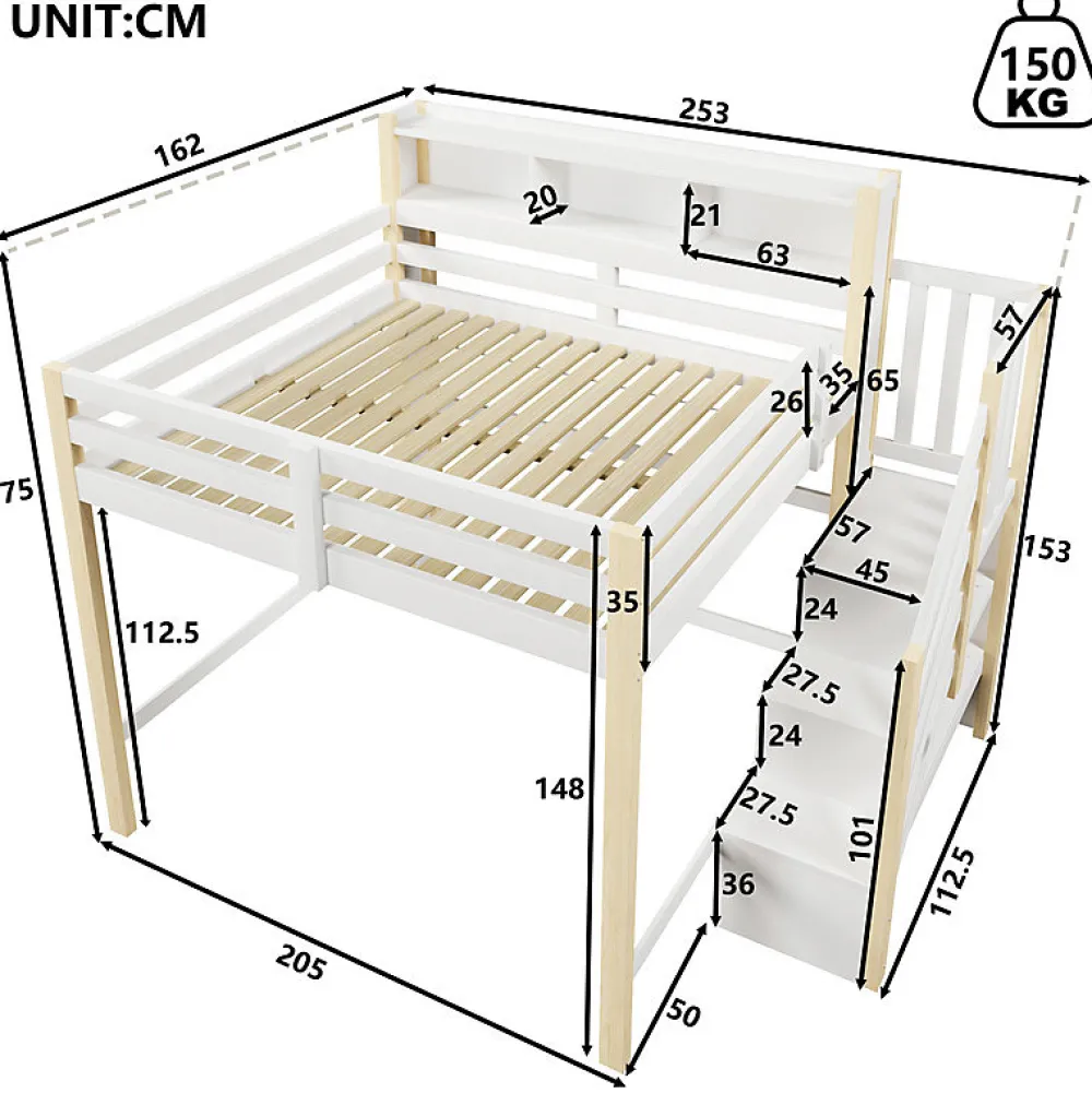 Lit mezzanine 140x200cm avec LED - avec échelle de rangement - compartiments de rangement - Blanc + Naturel (sans matelas)>ModernLuxe Clearance