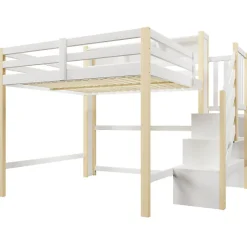 Lit mezzanine 140x200cm avec LED - avec échelle de rangement - compartiments de rangement - Blanc + Naturel (sans matelas)><noscript><img width=