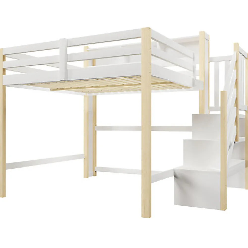 Lit mezzanine 140x200cm avec LED - avec échelle de rangement - compartiments de rangement - Blanc + Naturel (sans matelas)>ModernLuxe Clearance