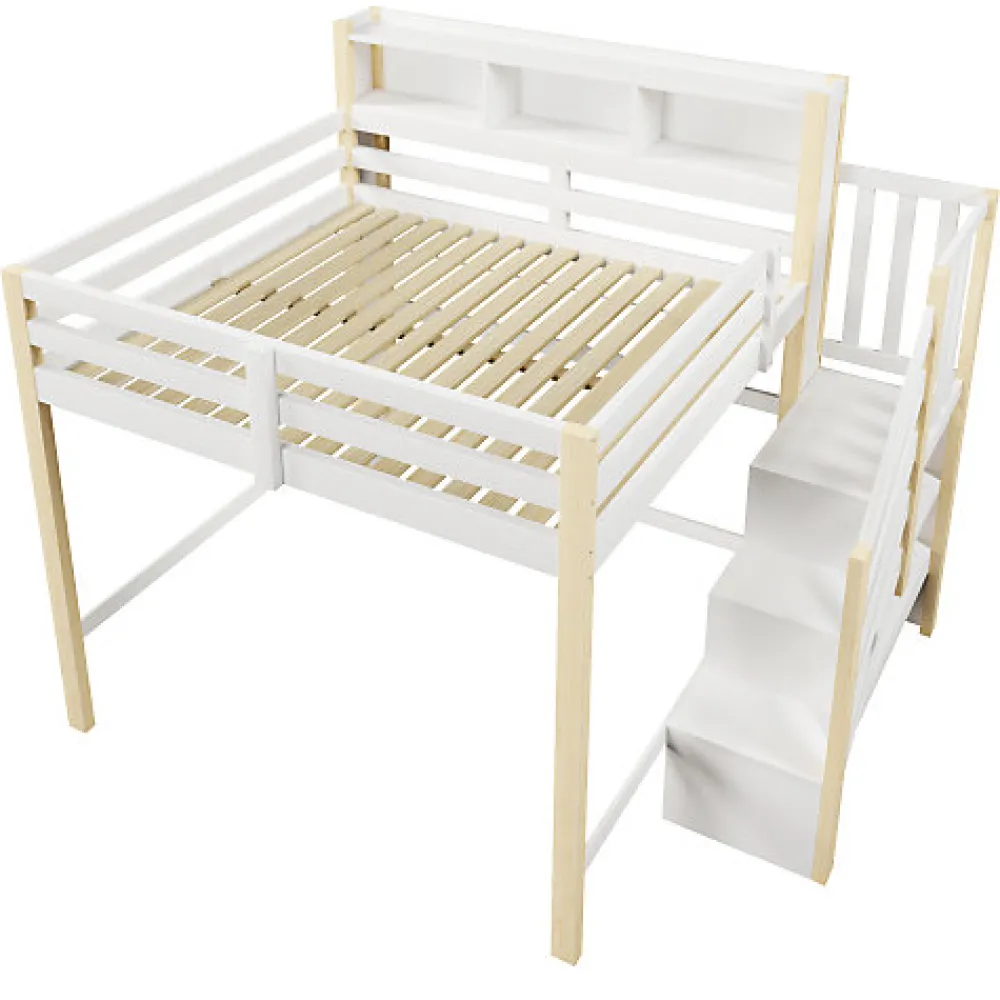 Lit mezzanine 140x200cm avec LED - avec échelle de rangement - compartiments de rangement - Blanc + Naturel (sans matelas)>ModernLuxe Clearance