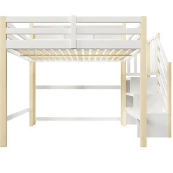 Lit mezzanine 140x200cm avec LED - avec échelle de rangement - compartiments de rangement - Blanc + Naturel (sans matelas)><noscript><img width=