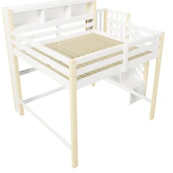 Lit mezzanine 140x200cm avec LED - avec échelle de rangement - compartiments de rangement - Blanc + Naturel (sans matelas)><noscript><img width=
