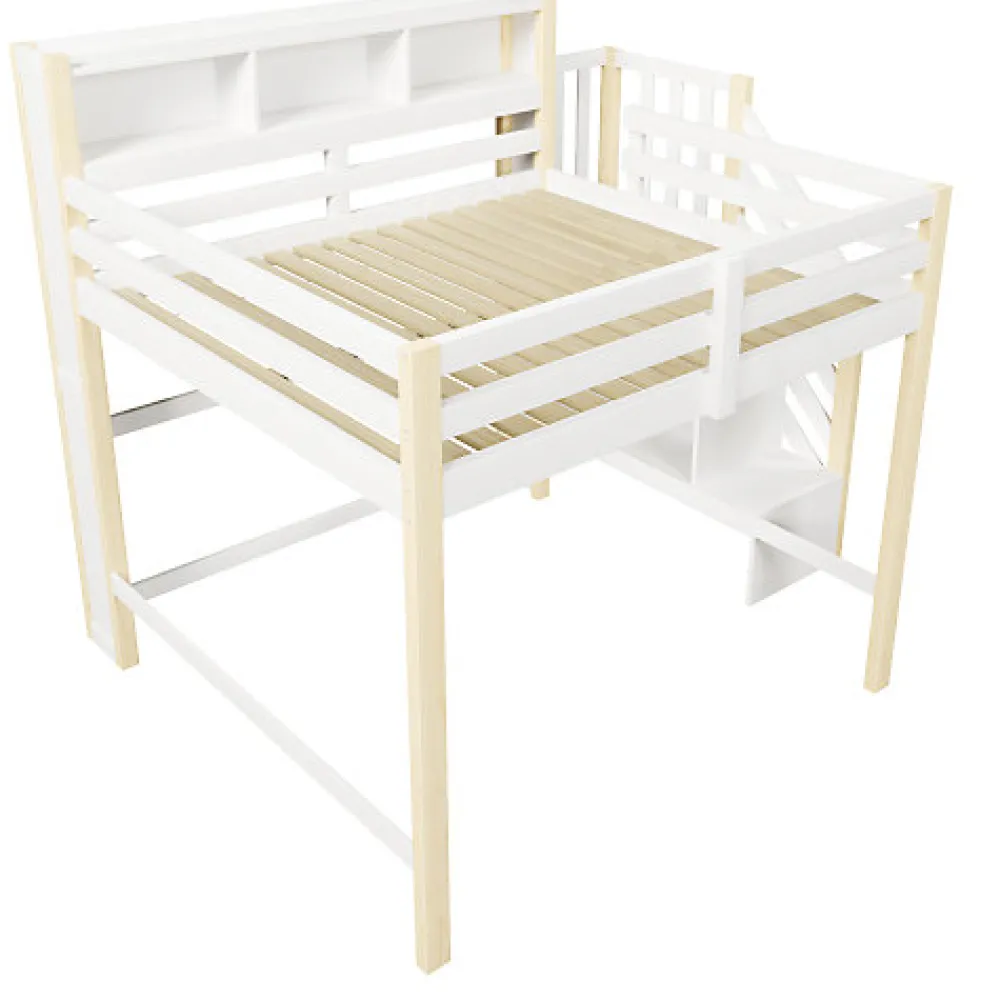 Lit mezzanine 140x200cm avec LED - avec échelle de rangement - compartiments de rangement - Blanc + Naturel (sans matelas)>ModernLuxe Clearance