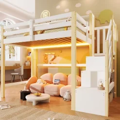 ModernLuxe Lit mezzanine 90x200cm avec LED - avec échelle de rangement - compartiments de rangement - Blanc + Naturel (sans matelas)* Lit Mezzanine