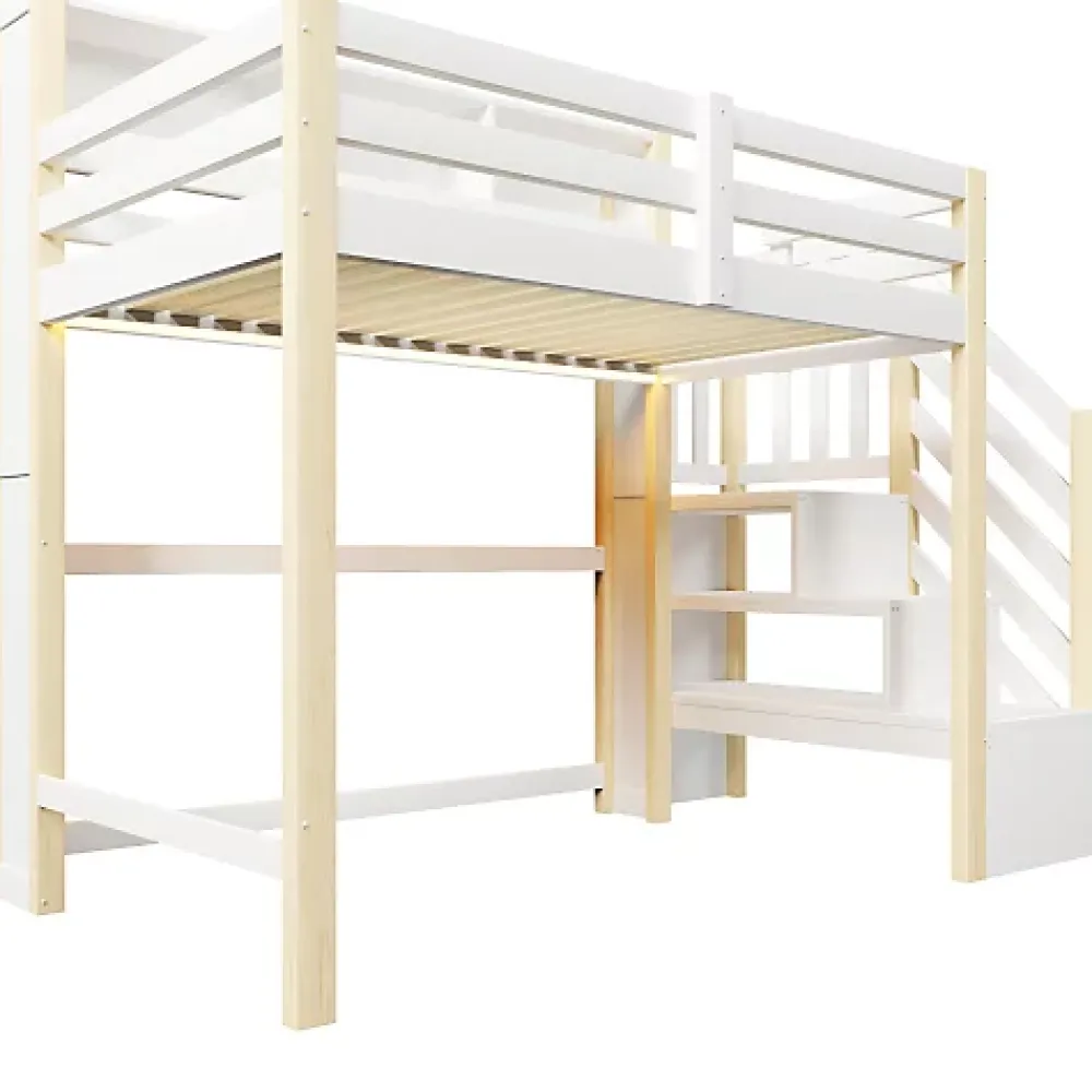 ModernLuxe Lit mezzanine 90x200cm avec LED - avec échelle de rangement - compartiments de rangement - Blanc + Naturel (sans matelas)* Lit Mezzanine