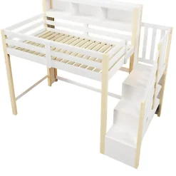 ModernLuxe Lit mezzanine 90x200cm avec LED - avec échelle de rangement - compartiments de rangement - Blanc + Naturel (sans matelas)* Lit Mezzanine