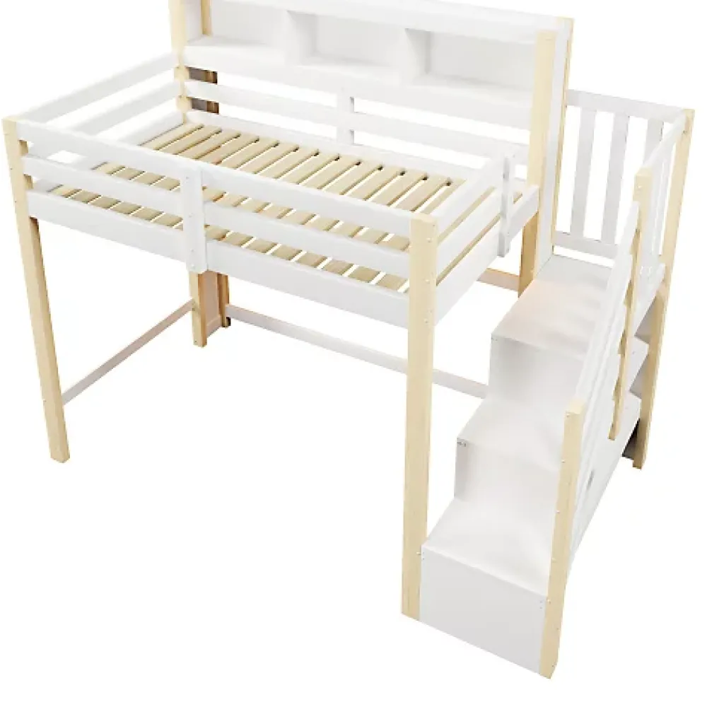 ModernLuxe Lit mezzanine 90x200cm avec LED - avec échelle de rangement - compartiments de rangement - Blanc + Naturel (sans matelas)* Lit Mezzanine