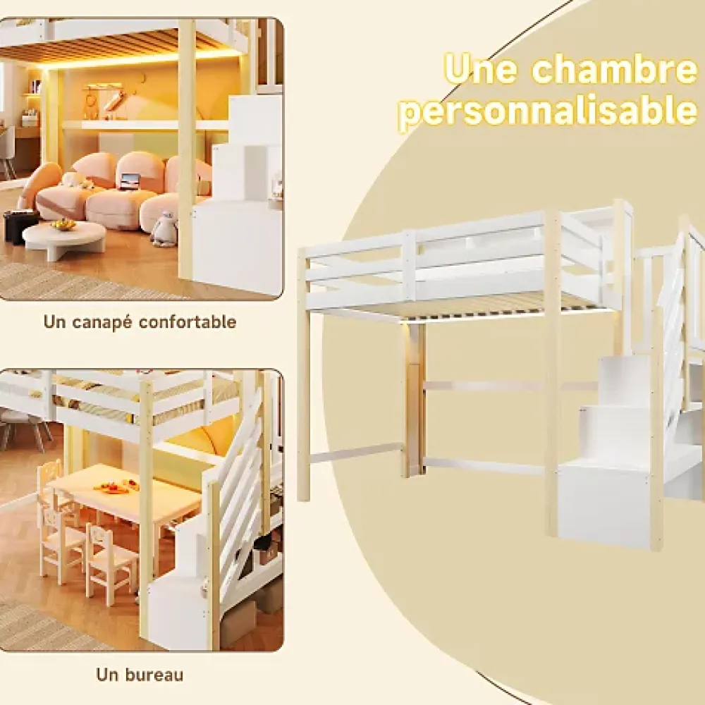 ModernLuxe Lit mezzanine 90x200cm avec LED - avec échelle de rangement - compartiments de rangement - Blanc + Naturel (sans matelas)* Lit Mezzanine