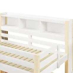 ModernLuxe Lit mezzanine 90x200cm avec LED - avec échelle de rangement - compartiments de rangement - Blanc + Naturel (sans matelas)* Lit Mezzanine