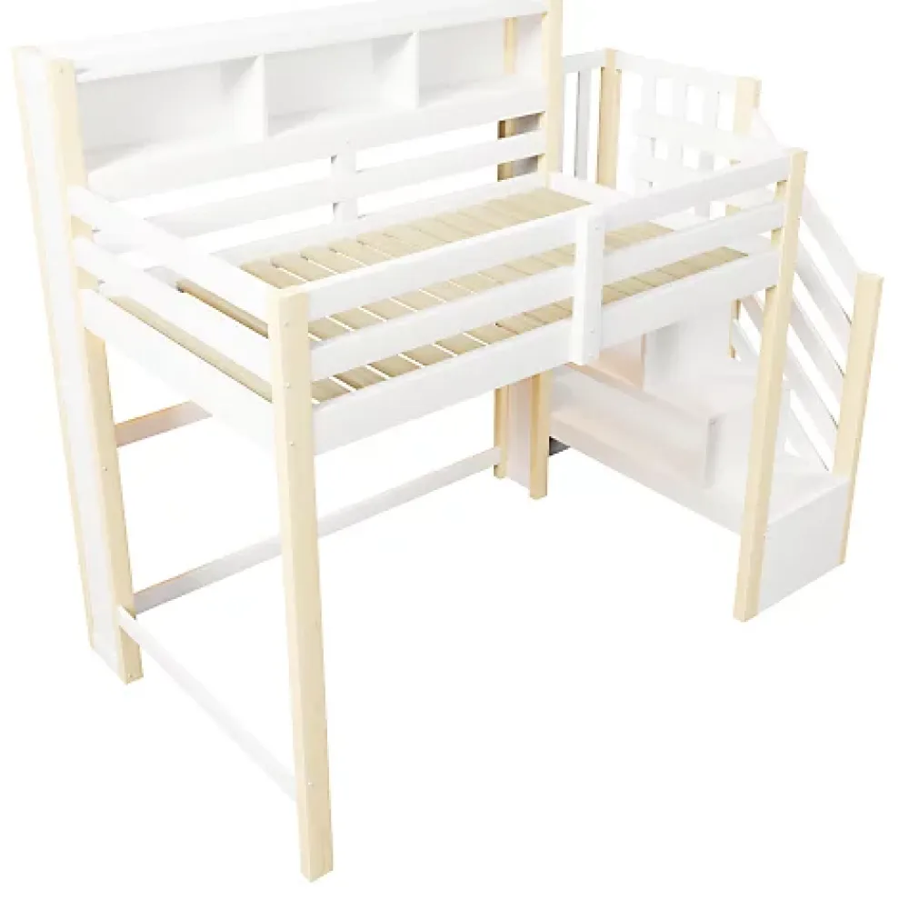 ModernLuxe Lit mezzanine 90x200cm avec LED - avec échelle de rangement - compartiments de rangement - Blanc + Naturel (sans matelas)* Lit Mezzanine