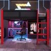 ModernLuxe Lit mezzanine 140x200cm avec LED - avec bureau - avec échelle et armoire - avec 1 tiroir - noir + rouge (matelas non inclus)* Lit Mezzanine