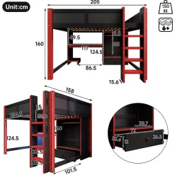 ModernLuxe Lit mezzanine 140x200cm avec LED - avec bureau - avec échelle et armoire - avec 1 tiroir - noir + rouge (matelas non inclus)* Lit Mezzanine