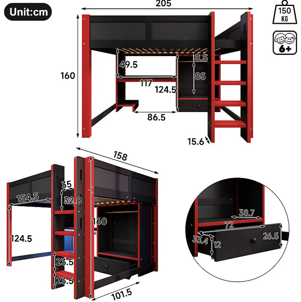 ModernLuxe Lit mezzanine 140x200cm avec LED - avec bureau - avec échelle et armoire - avec 1 tiroir - noir + rouge (matelas non inclus)* Lit Mezzanine