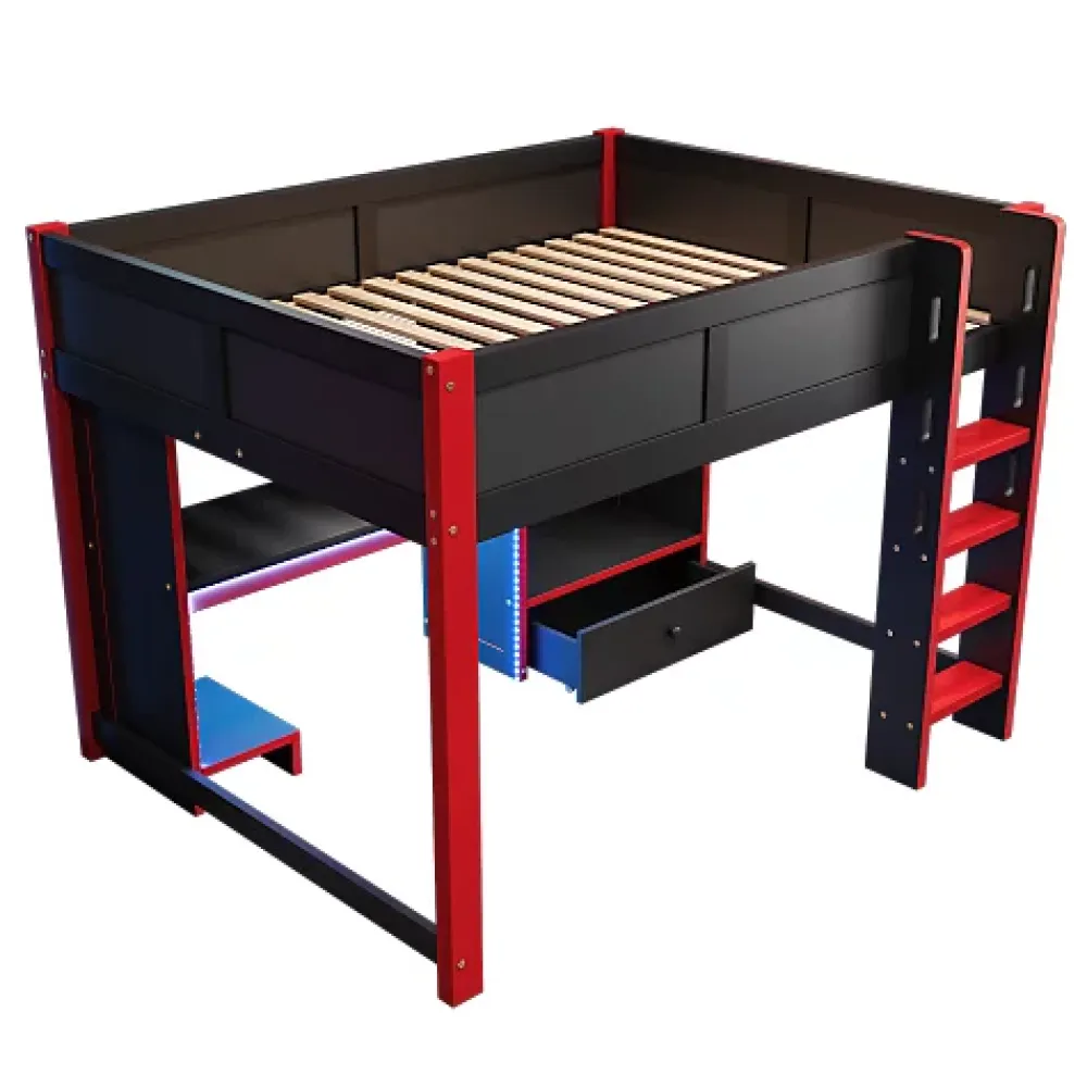 ModernLuxe Lit mezzanine 140x200cm avec LED - avec bureau - avec échelle et armoire - avec 1 tiroir - noir + rouge (matelas non inclus)* Lit Mezzanine