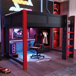ModernLuxe Lit mezzanine 140x200cm avec LED - avec bureau - avec échelle et armoire - avec 1 tiroir - noir + rouge (matelas non inclus)* Lit Mezzanine