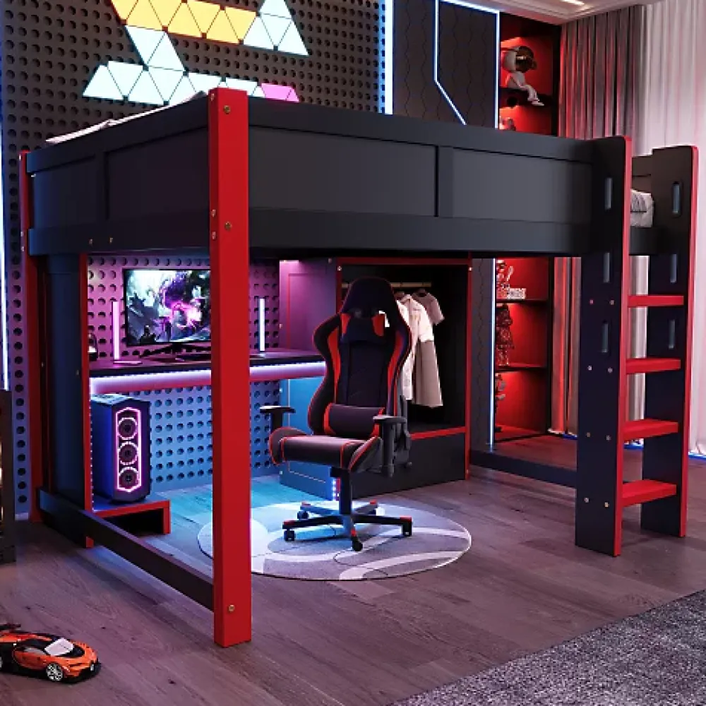 ModernLuxe Lit mezzanine 140x200cm avec LED - avec bureau - avec échelle et armoire - avec 1 tiroir - noir + rouge (matelas non inclus)* Lit Mezzanine