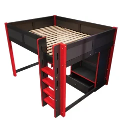 ModernLuxe Lit mezzanine 140x200cm avec LED - avec bureau - avec échelle et armoire - avec 1 tiroir - noir + rouge (matelas non inclus)* Lit Mezzanine