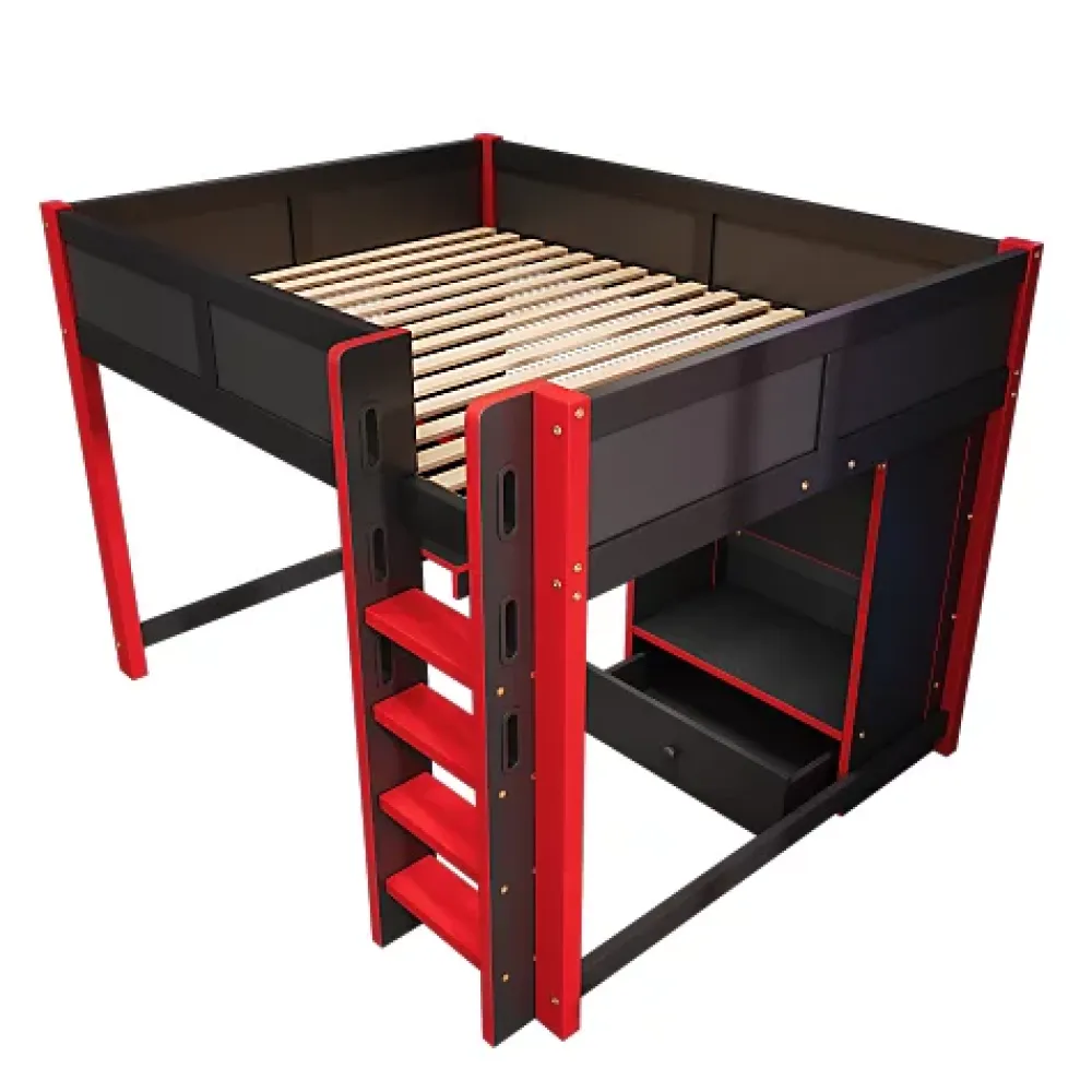 ModernLuxe Lit mezzanine 140x200cm avec LED - avec bureau - avec échelle et armoire - avec 1 tiroir - noir + rouge (matelas non inclus)* Lit Mezzanine