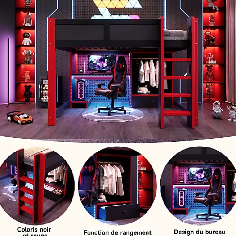 ModernLuxe Lit mezzanine 140x200cm avec LED - avec bureau - avec échelle et armoire - avec 1 tiroir - noir + rouge (matelas non inclus)* Lit Mezzanine
