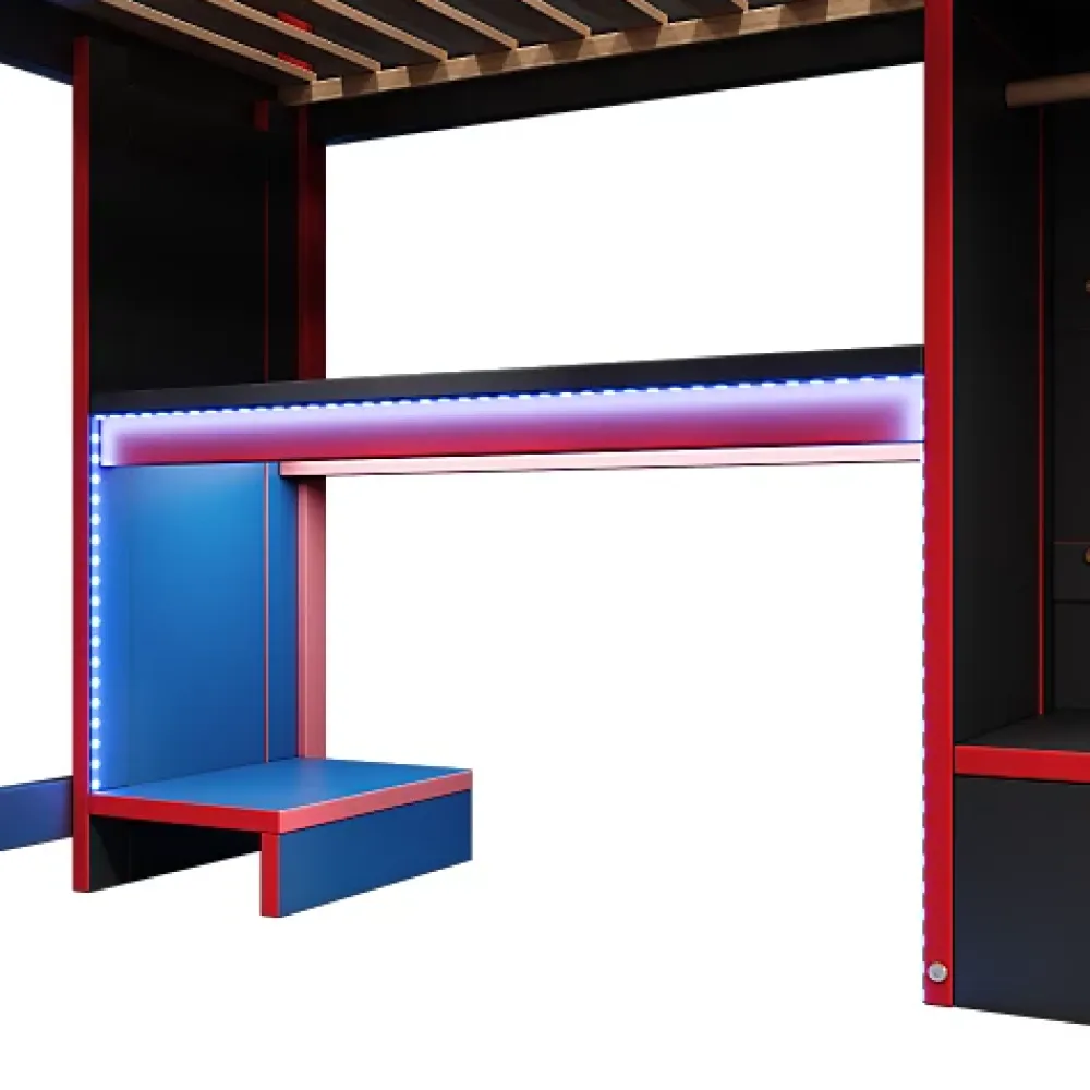 ModernLuxe Lit mezzanine 140x200cm avec LED - avec bureau - avec échelle et armoire - avec 1 tiroir - noir + rouge (matelas non inclus)* Lit Mezzanine