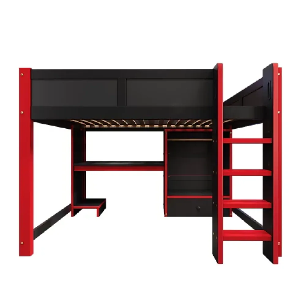 ModernLuxe Lit mezzanine 140x200cm avec LED - avec bureau - avec échelle et armoire - avec 1 tiroir - noir + rouge (matelas non inclus)* Lit Mezzanine