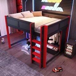 ModernLuxe Lit mezzanine 140x200cm avec LED - avec bureau - avec échelle et armoire - avec 1 tiroir - noir + rouge (matelas non inclus)* Lit Mezzanine