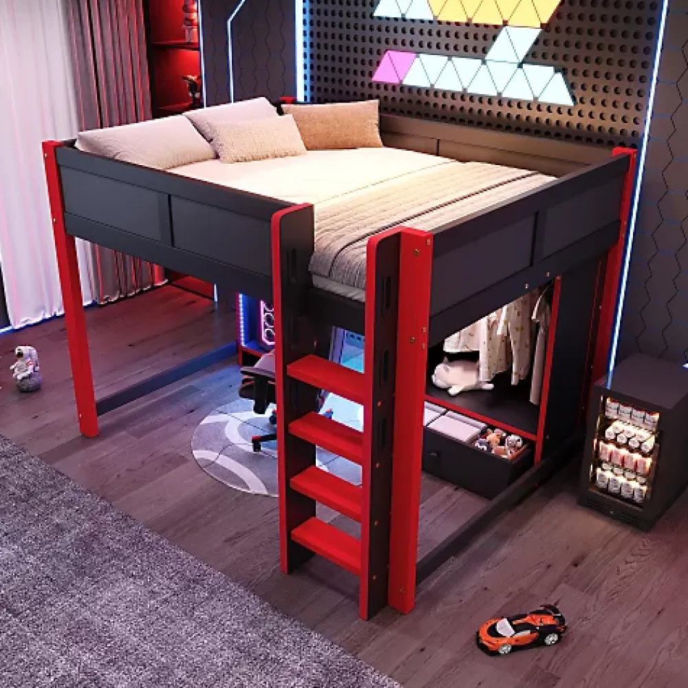 ModernLuxe Lit mezzanine 140x200cm avec LED - avec bureau - avec échelle et armoire - avec 1 tiroir - noir + rouge (matelas non inclus)* Lit Mezzanine