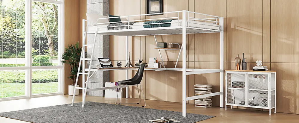 Lit mezzanine 90x200cm blanc avec bureau en L et étagère, structure en métal, sans matelas>Simple Life Clearance