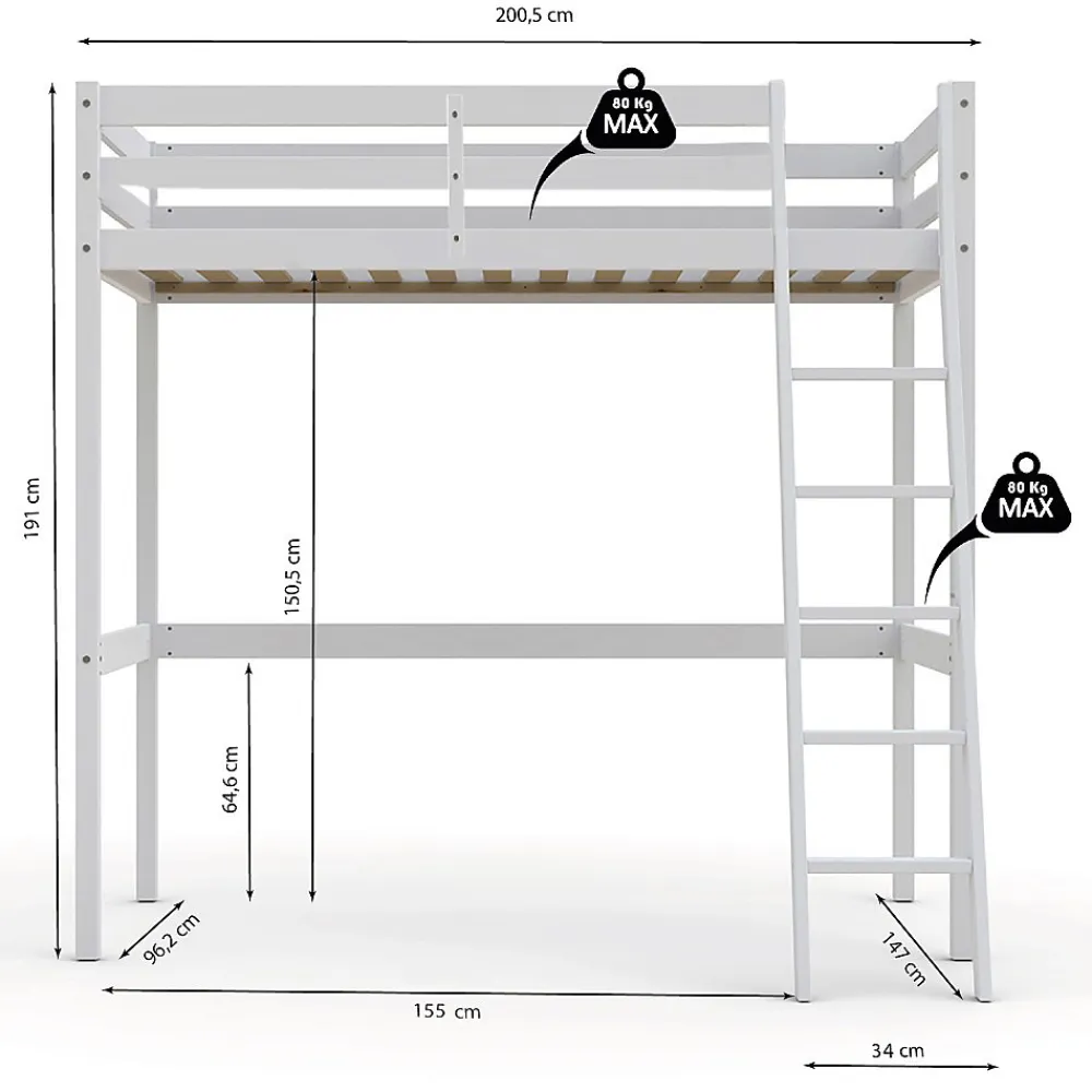 Lit Mezzanine 90x190cm blanc SALA avec incl. Sommier et échelle>Bb Loisir Best