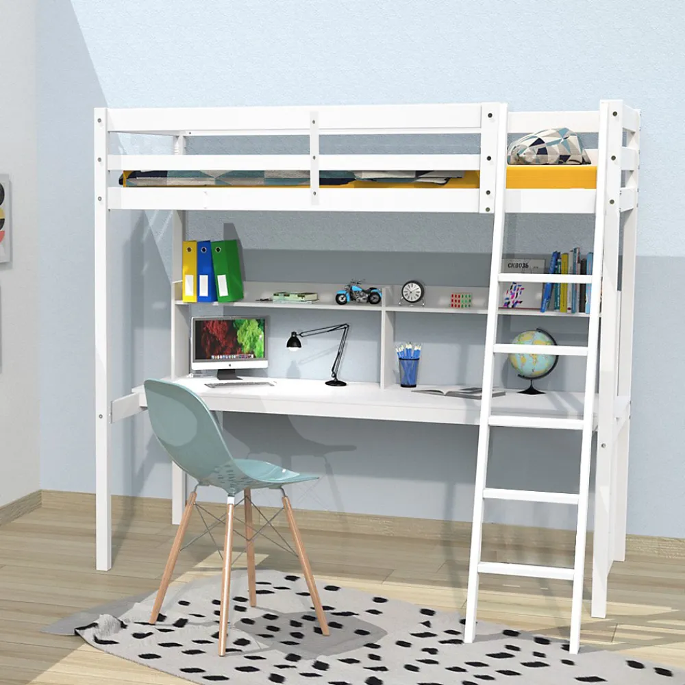 Lit Mezzanine 90x190cm blanc SALA avec Bureau et étagères incl. Sommier et échelle>Bb Loisir Best