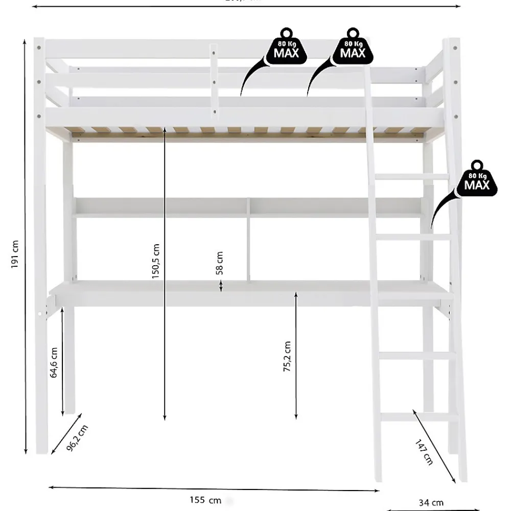 Lit Mezzanine 90x190cm blanc SALA avec Bureau et étagères incl. Sommier et échelle>Bb Loisir Best