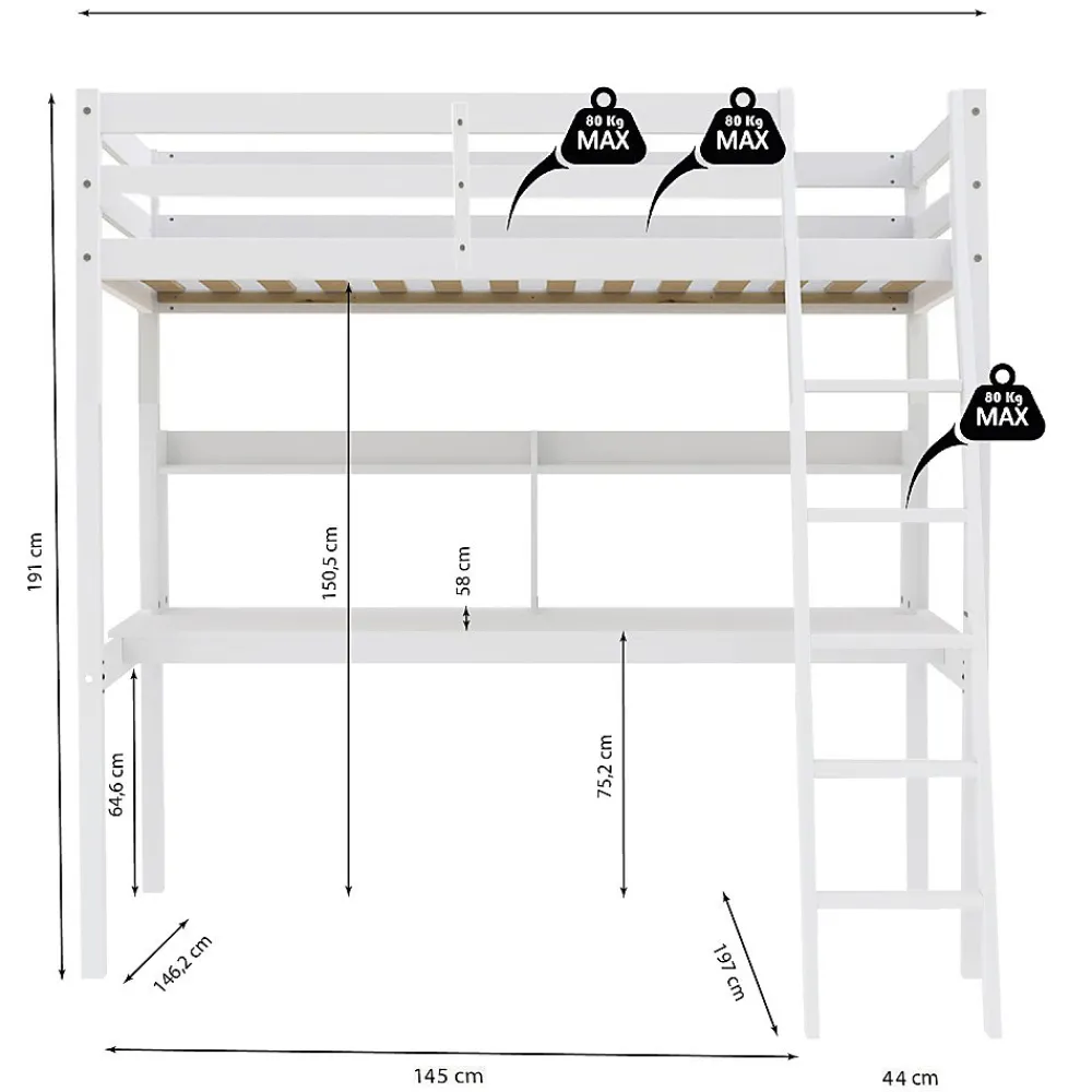 Lit Mezzanine 140x190cm blanc SALA avec Bureau et étagères incl. Sommier et échelle>Bb Loisir Hot