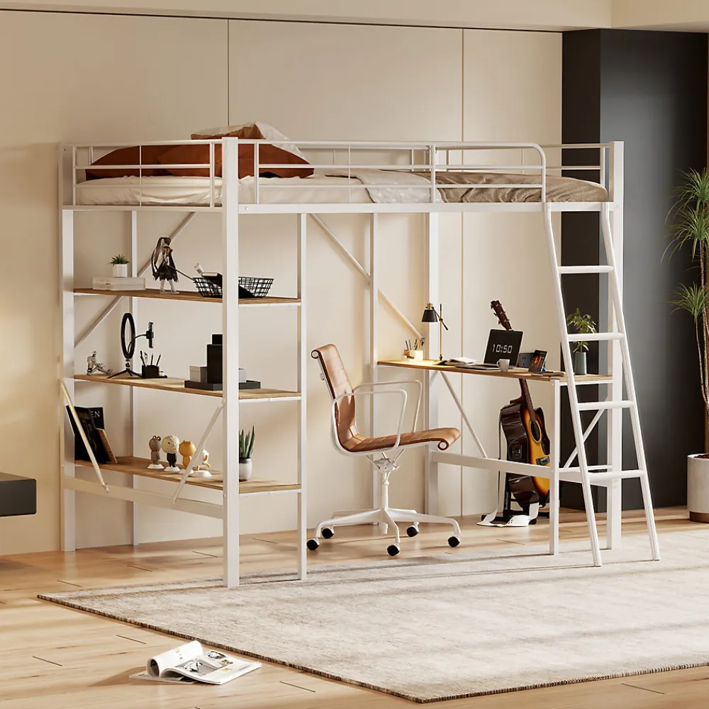 Lit mezzanine 90x200cm, cadre en métal, lit surélevé avec échelle, bureau et 3 grandes étagères pour enfants, adolescents, blanc>ProximaX Online