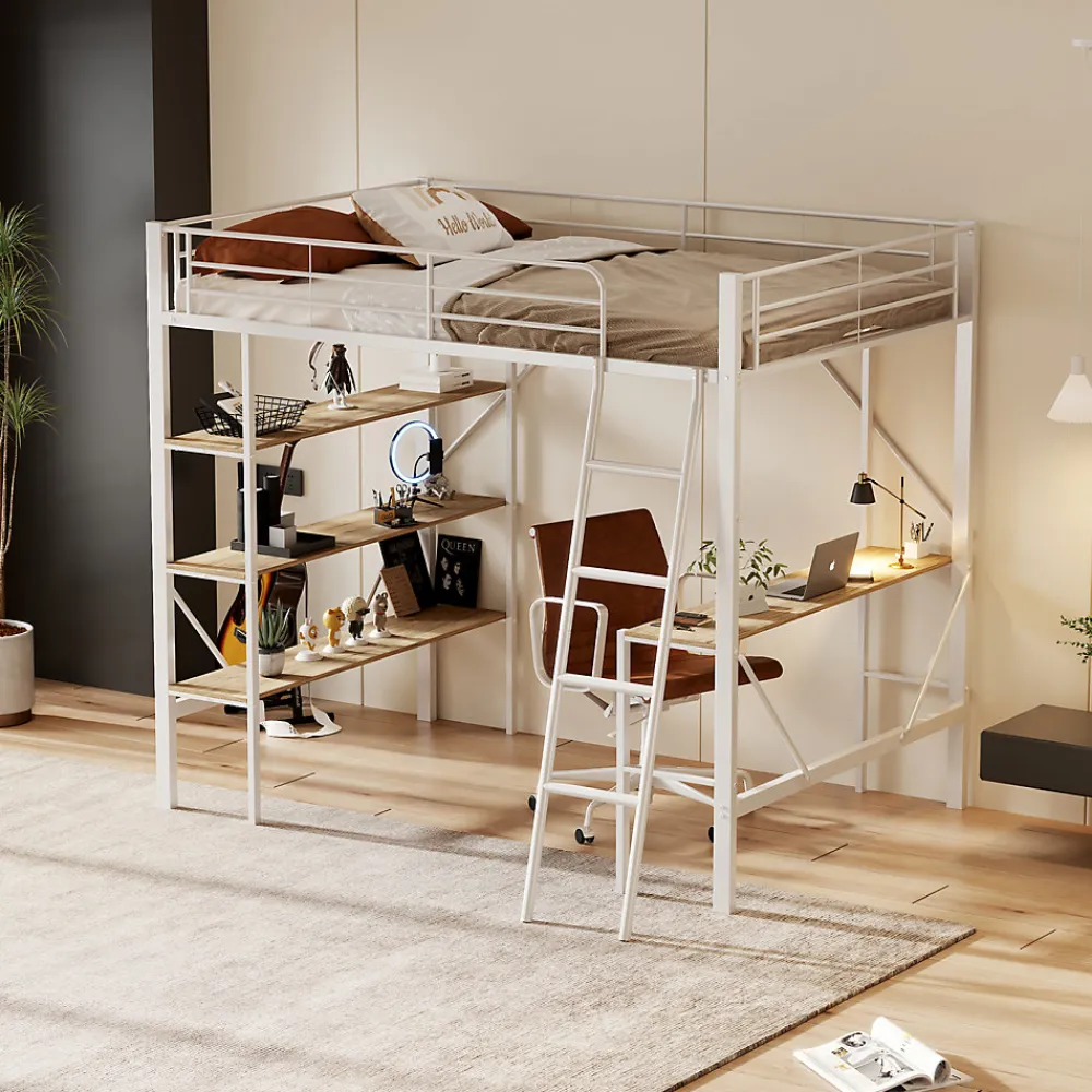 Lit mezzanine 90x200cm, cadre en métal, lit surélevé avec échelle, bureau et 3 grandes étagères pour enfants, adolescents, blanc>ProximaX Online