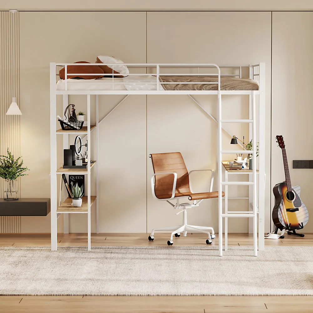 Lit mezzanine 90x200cm, cadre en métal, lit surélevé avec échelle, bureau et 3 grandes étagères pour enfants, adolescents, blanc>ProximaX Online
