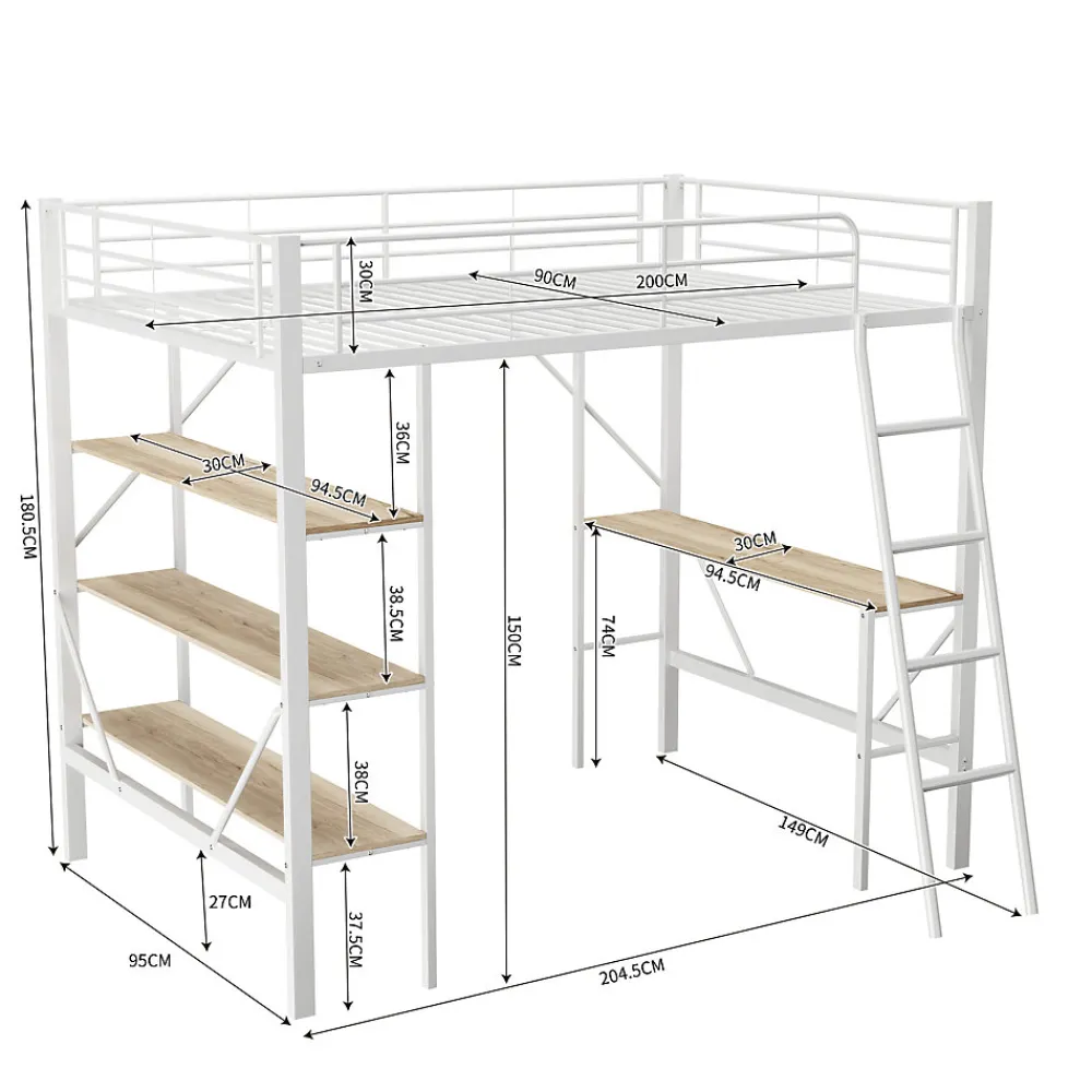 Lit mezzanine 90x200cm, cadre en métal, lit surélevé avec échelle, bureau et 3 grandes étagères pour enfants, adolescents, blanc>ProximaX Online