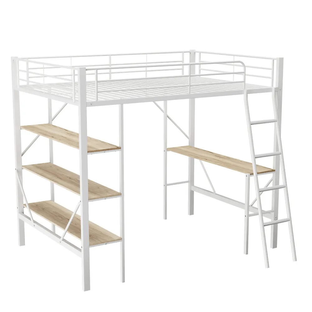 Lit mezzanine 90x200cm, cadre en métal, lit surélevé avec échelle, bureau et 3 grandes étagères pour enfants, adolescents, blanc>ProximaX Online