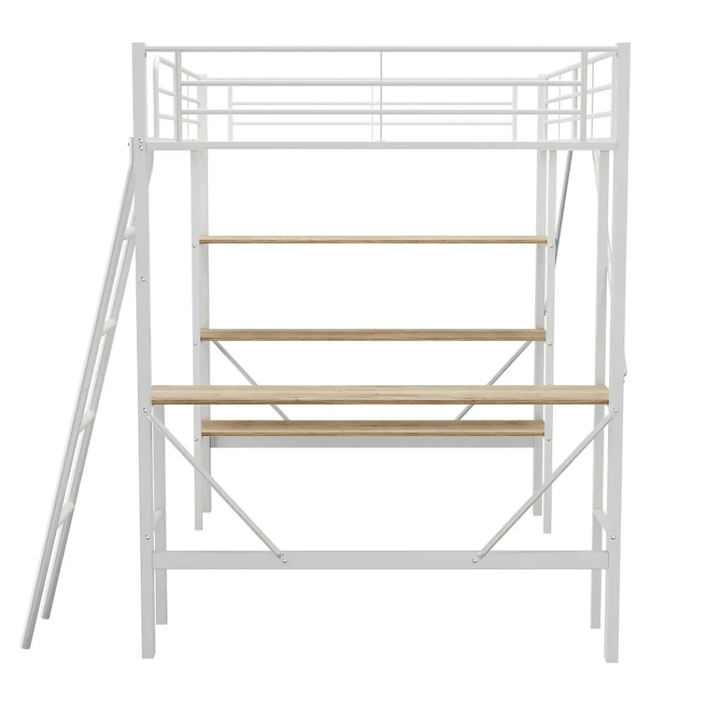 Lit mezzanine 90x200cm, cadre en métal, lit surélevé avec échelle, bureau et 3 grandes étagères pour enfants, adolescents, blanc>ProximaX Online