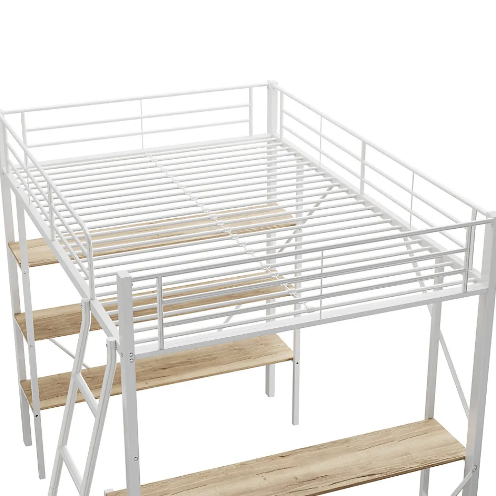 Lit mezzanine 90x200cm, cadre en métal, lit surélevé avec échelle, bureau et 3 grandes étagères pour enfants, adolescents, blanc>ProximaX Online