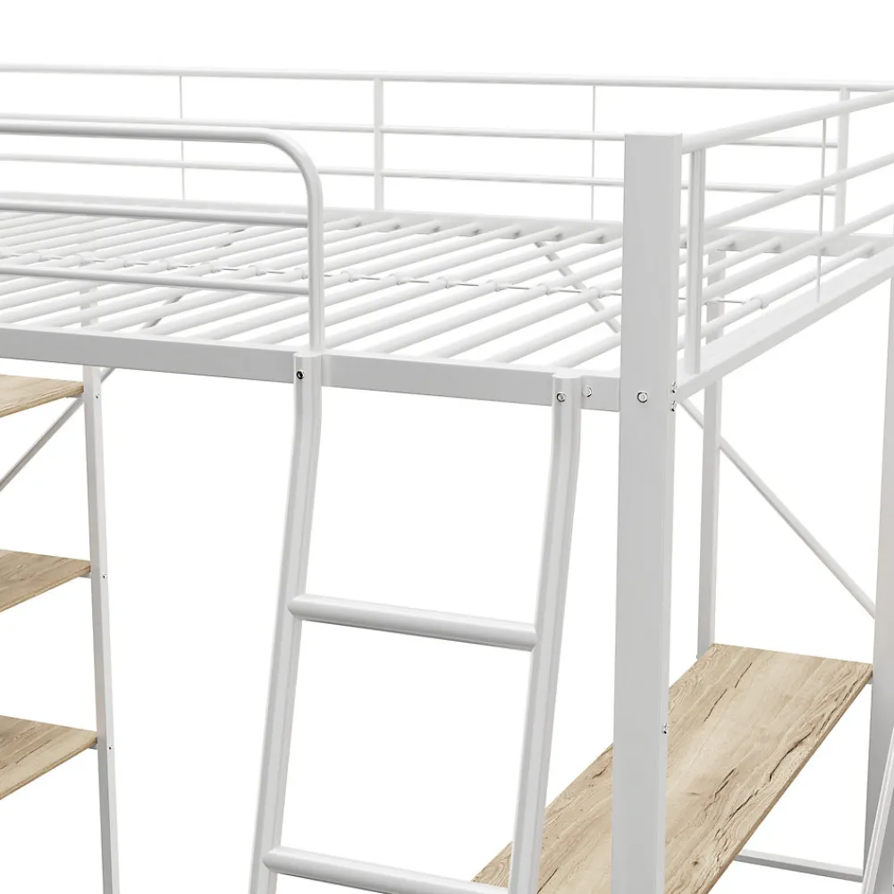 Lit mezzanine 90x200cm, cadre en métal, lit surélevé avec échelle, bureau et 3 grandes étagères pour enfants, adolescents, blanc>ProximaX Online